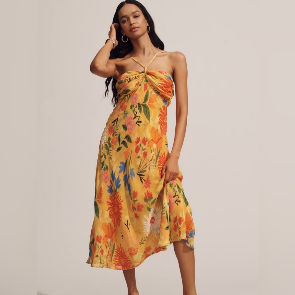 Anthropologie yellow halter floral sunny dress
